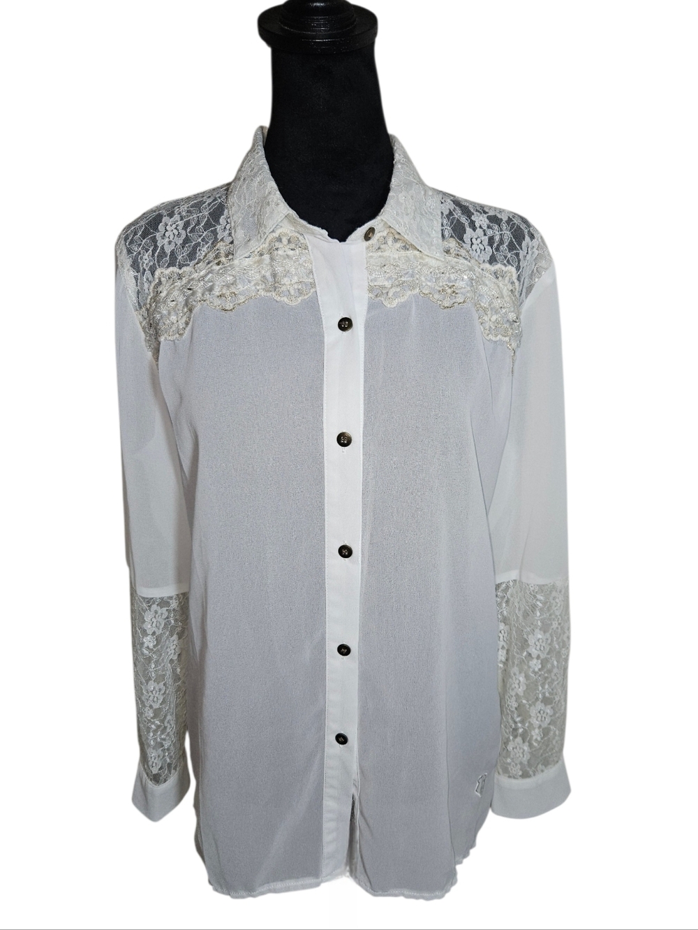 Roar Women's White Sheer Lace Light & Lovely Button-down Western  Shirt Size L
